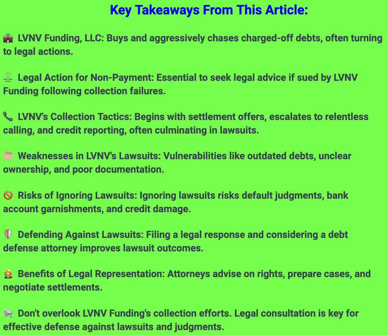 Screenshot shot showing the key takeways from ths blog post about being sued by LVNV Funding